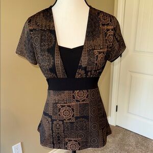 George Blouse Black Gold Fitted Peplum Short Sleeve Top Back Tie Women's Size S